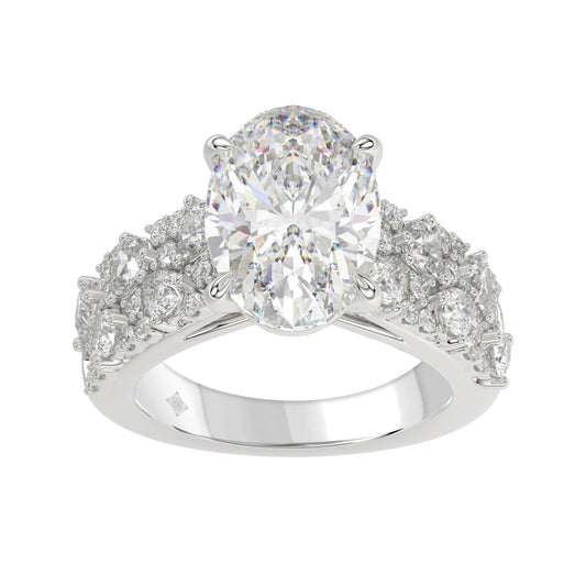 14K White Gold 6 1/4Ct Diamond Engagement Ring For Women 5Ct Oval Center Stone With Pear,& Round Side Stones, Luxury Bridal Ring (Color F-G -Clarity V