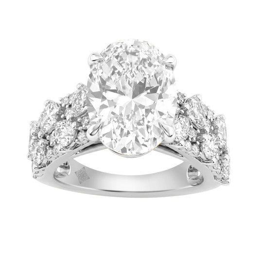 14K White Gold 6 1/4Ct Diamond Engagement Ring For Women 5Ct Oval Center Stone With Pear,& Round Side Stones, Luxury Bridal Ring (Color F-G -Clarity Vs1/Vs2)