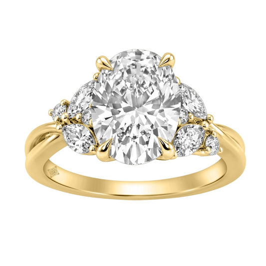 14K Yellow Gold 3 1/2Ct Lab-Grown Diamond Engagement Ring For Women 3Ct Oval Center With Marquise & Round Side Stones, Elegant Bridal Ring (Color F-G