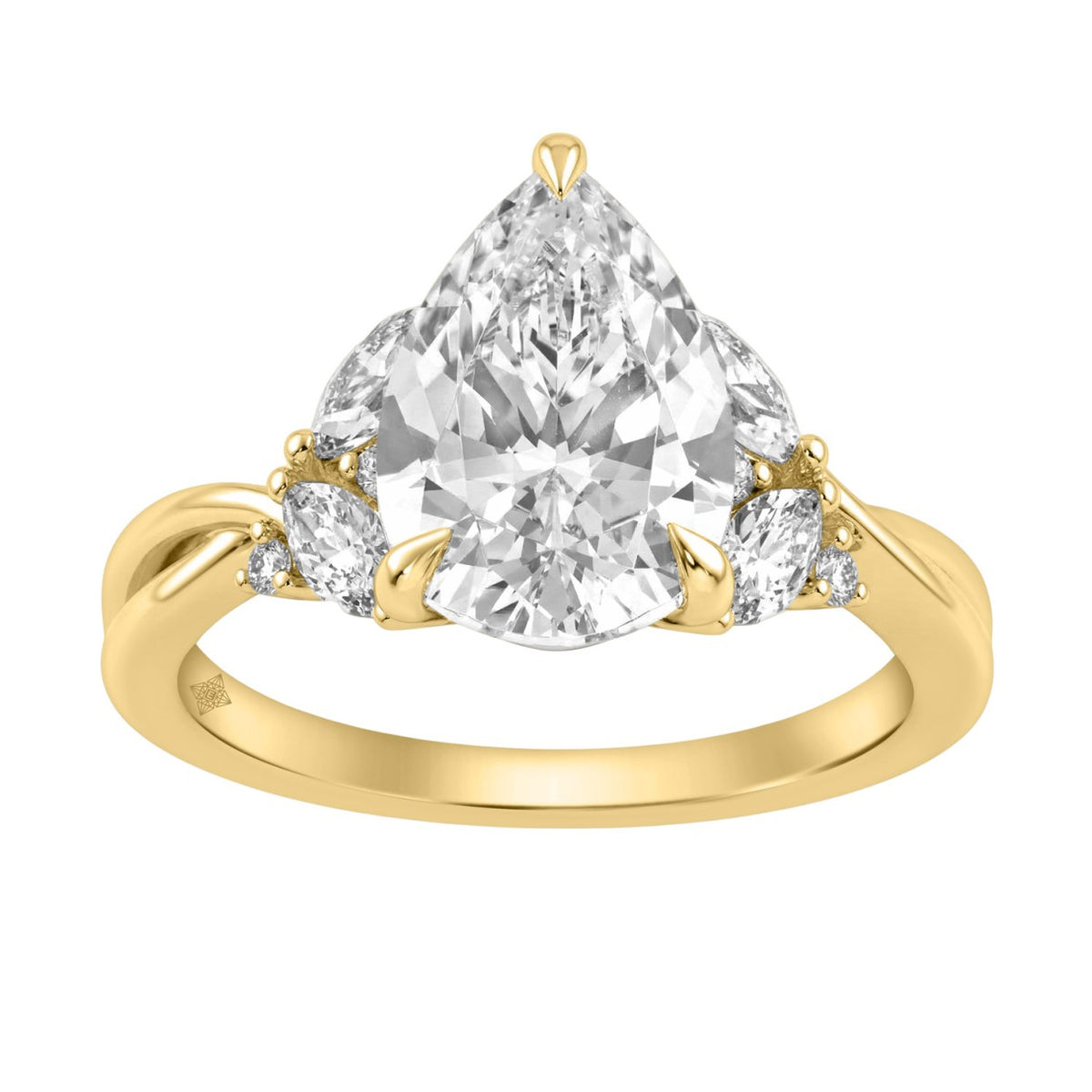 14K Yellow Gold 3 1/2Ct Lab-Grown Diamond Engagement Ring For Women 3Ct Pear Center With Marquise & Round Side Stones, Elegant Bridal Ring (Color F-G