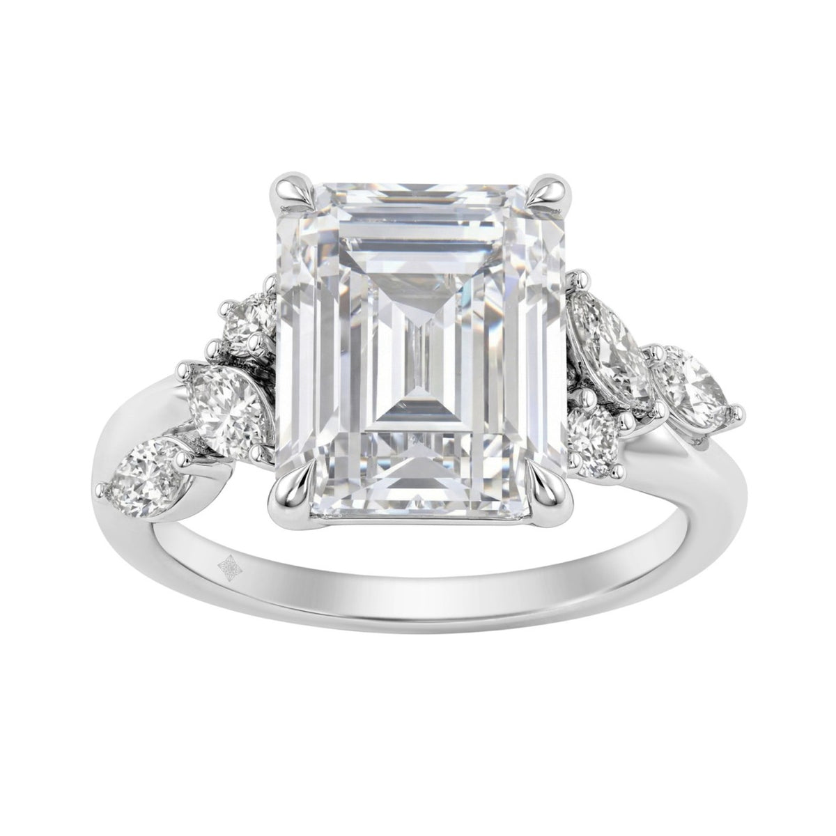 Luxury 14K White Gold 5 1/2Ct Lab-Grown Diamond Ring 5Ct Emerald Center With Marquise &amp; Round Side Stones For Women Engagement Ring (Color F-G -Clarity Vs1/Vs2)