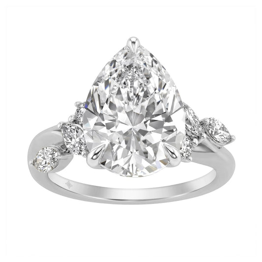 14K White Gold 5 1/2Ct Lab-Grown Diamond Engagement Ring For Women 5Ct Pear Center Stone With Marquise/Round Side Stones, Luxury Bridal Ring (Color F-
