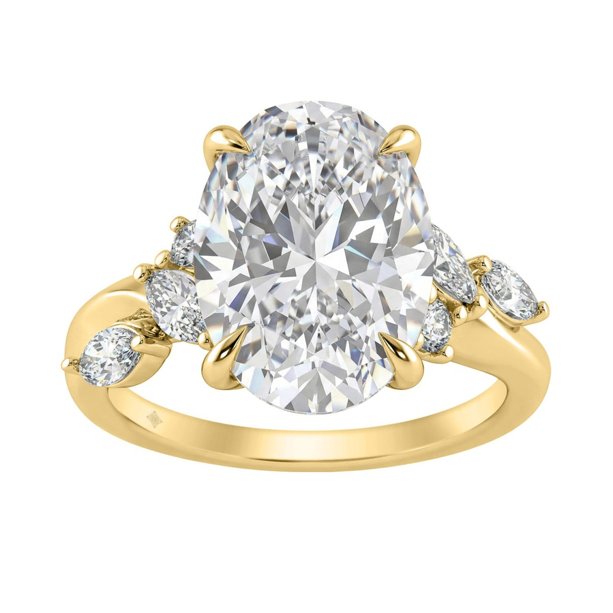 14K Yellow Gold 5 1/2Ct Lab-Grown Diamond Engagement Ring For Women 5Ct Oval Center Stone With Marquise/Round Side Stones, Luxury Bridal Ring (Color F
