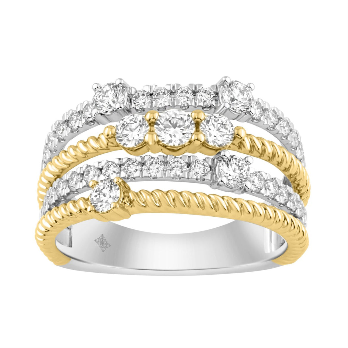 Women Luxury 14K White/Yellow Gold 1.00Ct Lab Grown Round Diamond Crossover Multi-Row Statement Ring (Color F-G -Clarity Vs1/Vs2)