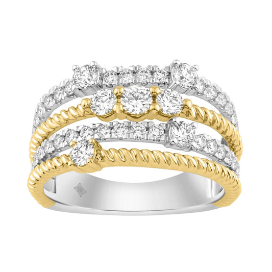 Women Luxury 14K White/Yellow Gold 1.00Ct Lab Grown Round Diamond Crossover Multi-Row Statement Ring (Color F-G -Clarity Vs1/Vs2)