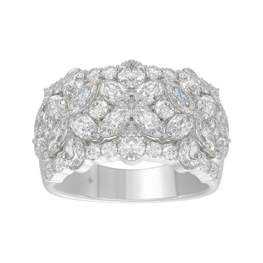 14K White Gold 3.00Ct Mixed Shape Diamond Cluster Ring Round, Marquise & Pear Floral Inspired Ladies Ring (Color F-G -Clarity Vs1/Vs2)