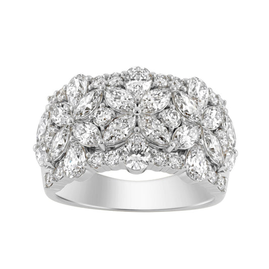 14K White Gold 3.00Ct Mixed Shape Diamond Cluster Ring Round, Marquise & Pear Floral Inspired Ladies Ring (Color F-G -Clarity Vs1/Vs2)