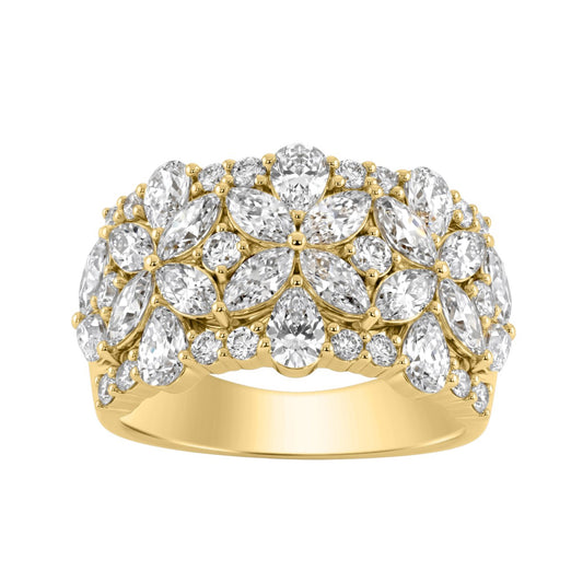 14K Yellow Gold 3.00Ct Mixed Shape Diamond Cluster Ring Round, Marquise & Pear Floral Inspired Ladies Ring (Color F-G -Clarity Vs1/Vs2)