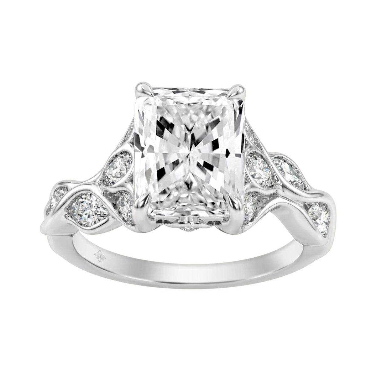 14K White Gold Radiant Cut Diamond Ring 4 1/5Ct  With Marquise Side Stones Ladies Engagement Ring 3Ct Radiant Center Stone (Color F-G -Clarity Vs1/Vs2)