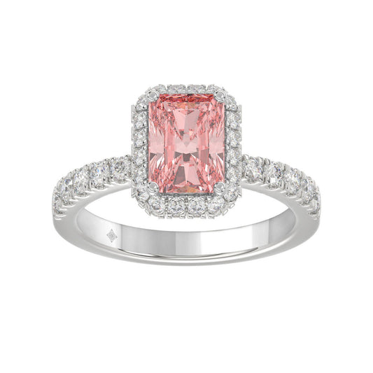 14K White Gold 4.00Ct Round Diamond Halo Ring For Women 3.00Ct Pink Radiant Cut Center Stone  With Round Diamond Halo (Color F-G -Clarity Vs1/Vs2)