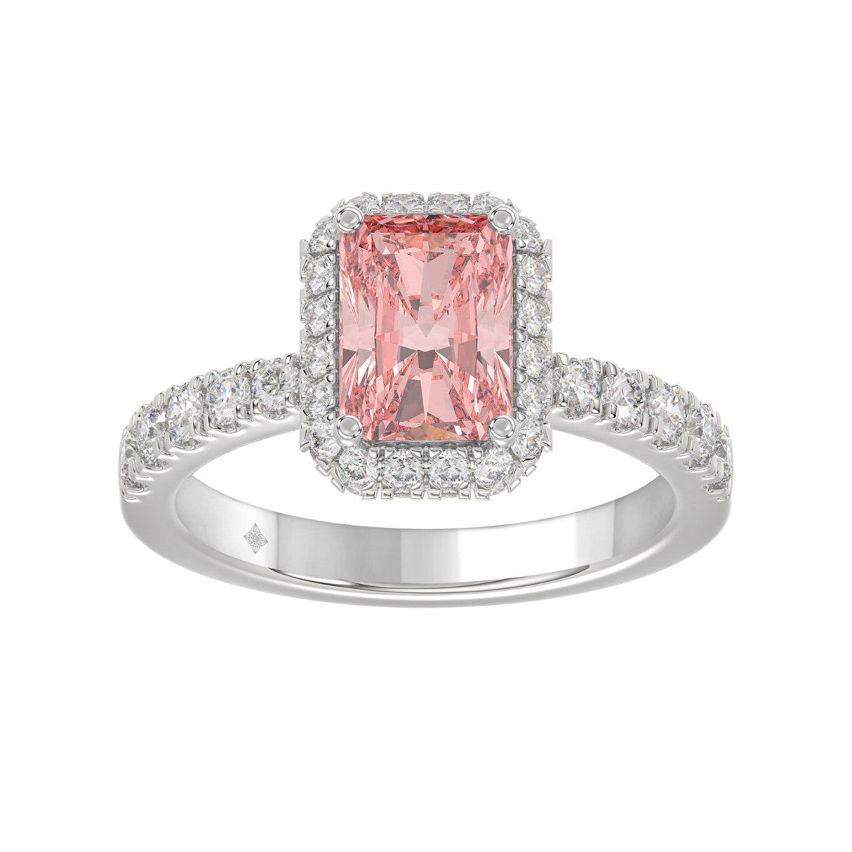 14K White Gold 4.00Ct Round Diamond Halo Ring For Women 3.00Ct Pink Radiant Cut Center Stone  With Round Diamond Halo (Color F-G -Clarity Vs1/Vs2)
