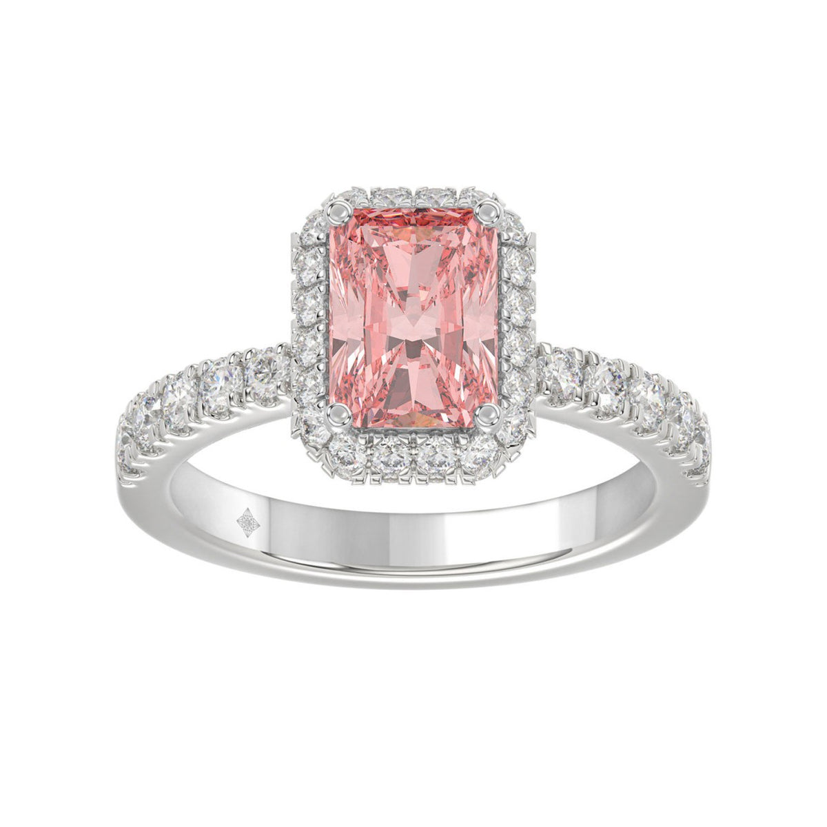 14K White Gold 4.00Ct Round Diamond Halo Ring For Women 3.00Ct Pink Radiant Cut Center Stone  With Round Diamond Halo (Color F-G -Clarity Vs1/Vs2)
