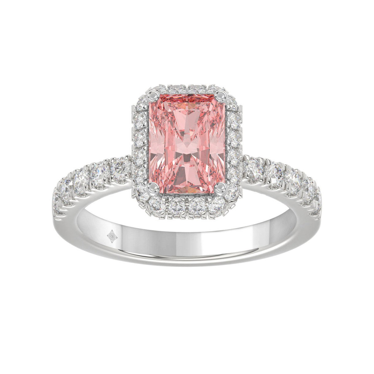 14K White Gold 4.00Ct Round Diamond Halo Ring For Women 3.00Ct Pink Radiant Cut Center Stone  With Round Diamond Halo (Color F-G -Clarity Vs1/Vs2)