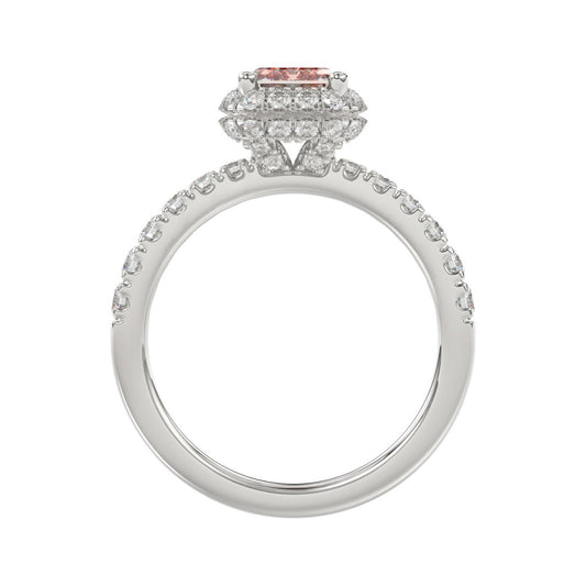 14K White Gold 4.00Ct Round Diamond Halo Ring For Women 3.00Ct Pink Radiant Cut Center Stone  With Round Diamond Halo (Color F-G -Clarity Vs1/Vs2)