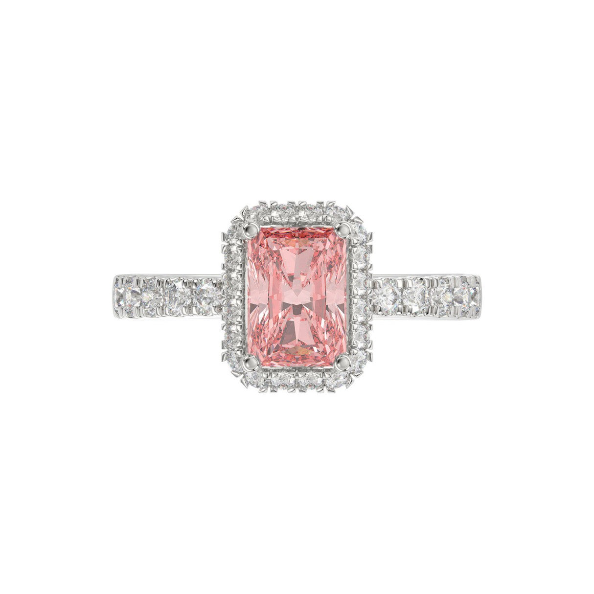 14K White Gold 4.00Ct Round Diamond Halo Ring For Women 3.00Ct Pink Radiant Cut Center Stone  With Round Diamond Halo (Color F-G -Clarity Vs1/Vs2)