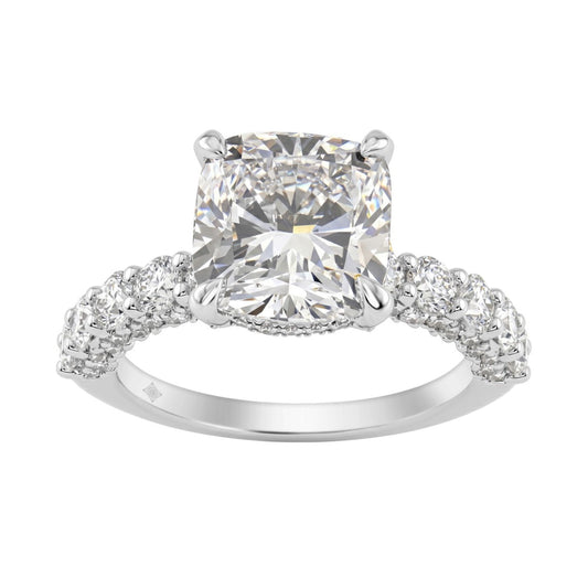 Ladies 14K White Gold Diamond Ladies Engagement Ring 5 1/2Ct Round Cut With Cushion Diamond 4Ct Cushion Center Stone (Color F-G -Clarity Vs1/Vs2)