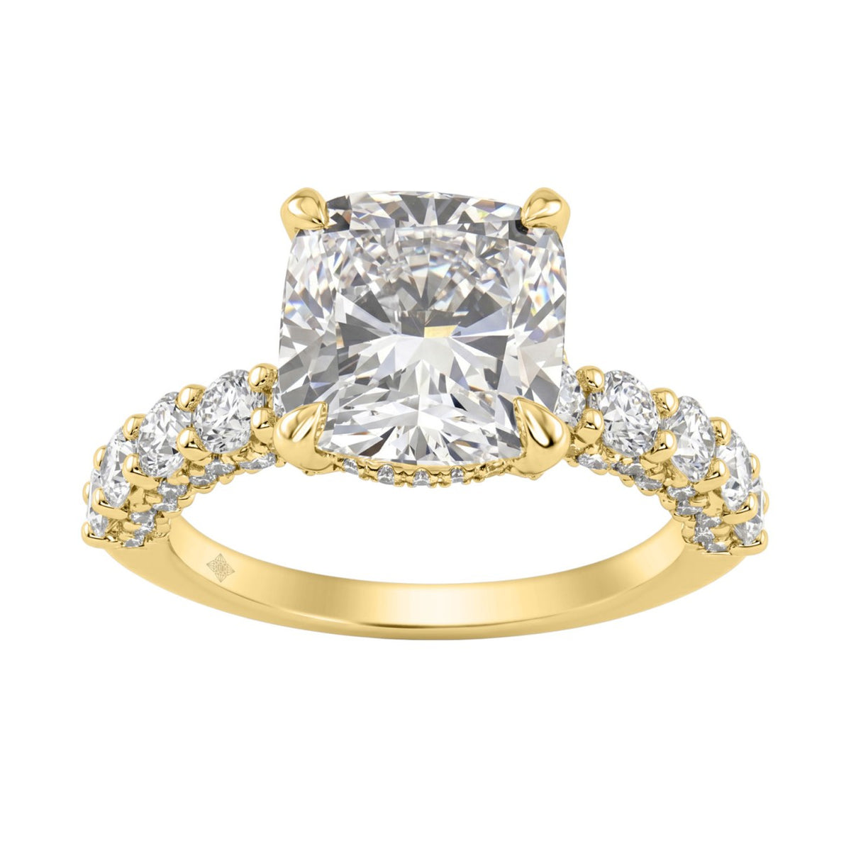 Ladies 14K Yellow Gold Diamond Ladies Engagement Ring 5 1/2Ct Round Cut With Cushion Diamond 4Ct Cushion Center Stone (Color F-G -Clarity Vs1/Vs2)