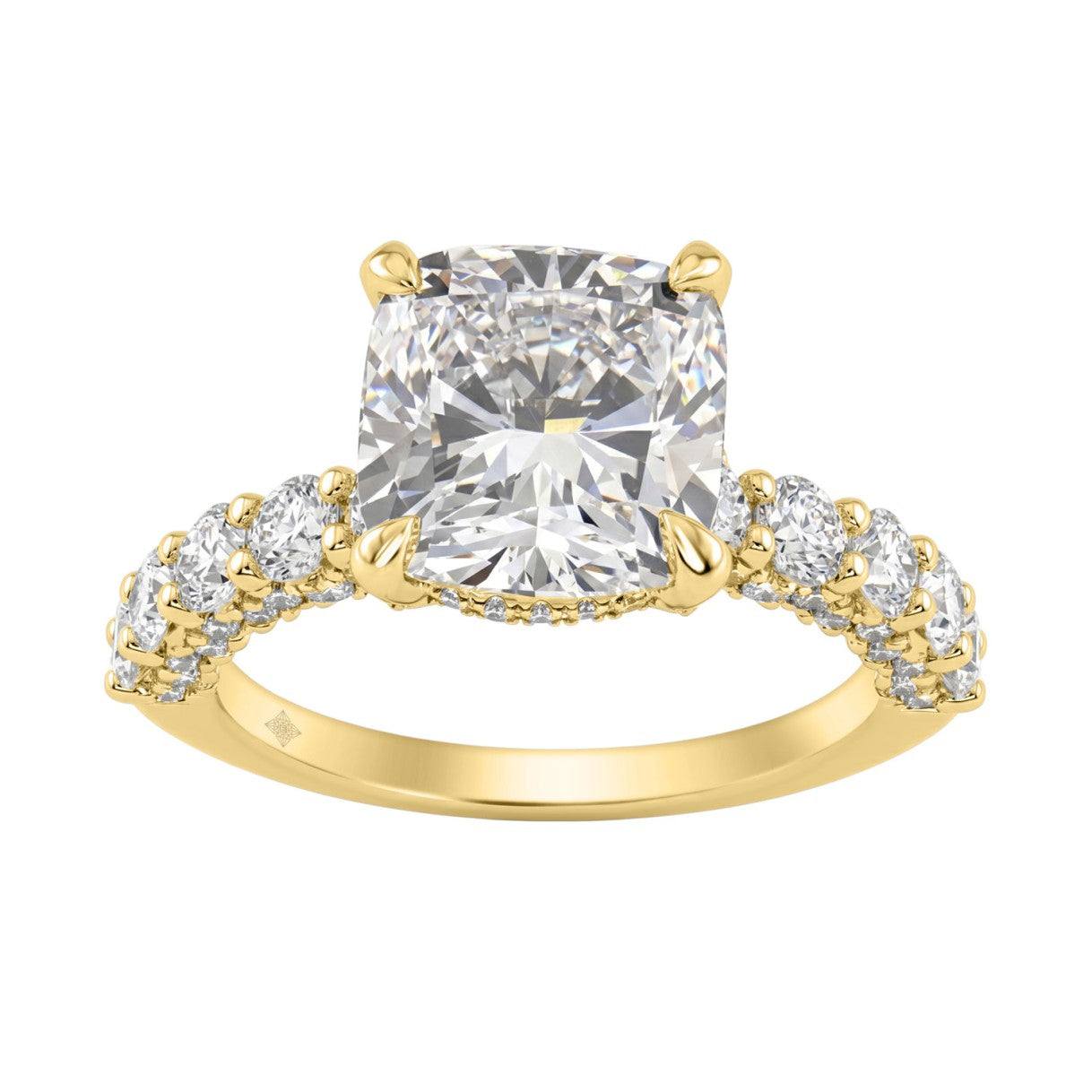 Ladies 14K Yellow Gold Diamond Ladies Engagement Ring 5 1/2Ct Round Cut With Cushion Diamond 4Ct Cushion Center Stone (Color F-G -Clarity Vs1/Vs2)