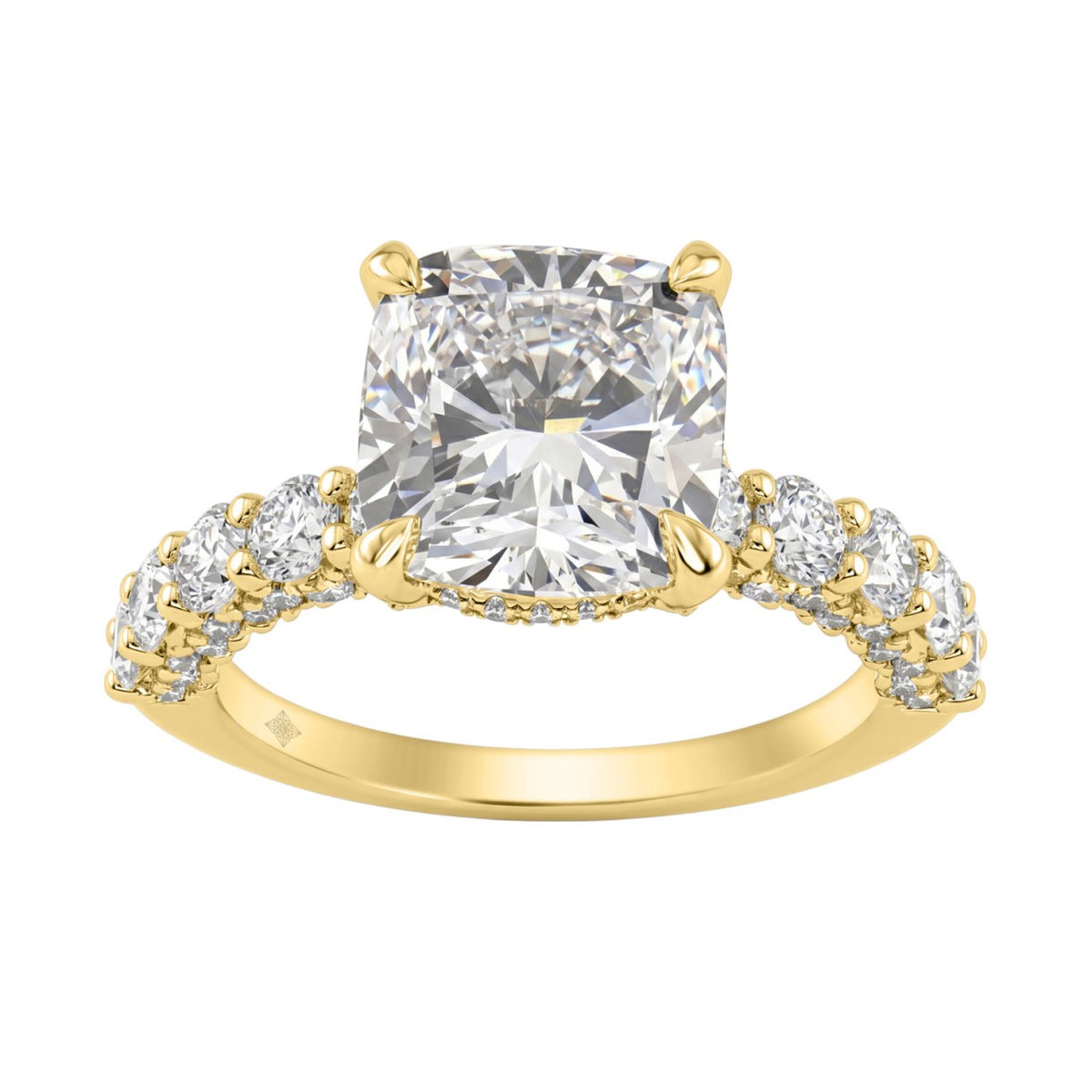 Ladies 14K Yellow Gold Diamond Ladies Engagement Ring 5 1/2Ct Round Cut With Cushion Diamond 4Ct Cushion Center Stone (Color F-G -Clarity Vs1/Vs2)