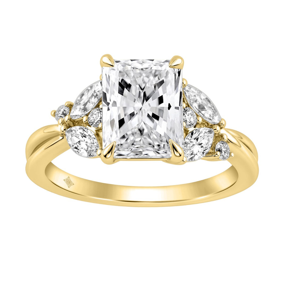 14K Yellow Gold Ladies Lab-Grown Brown Diamond Ladies Engagement Ring 3 1/2Ct Radiant, Round &amp; Marquise With Side Marquise Accents 3Ct Radiant Cen