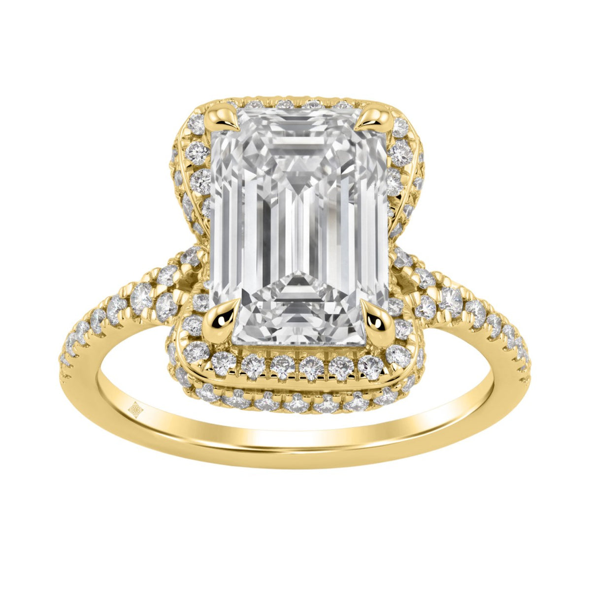 14K Yellow Gold 4 1/2Ct Ladies Emerald-Cut Hidden Halo Engagement Ring 4Ct Emerald Center Stone &amp; Round Diamond (Color F-G -Clarity Vs1/Vs2)