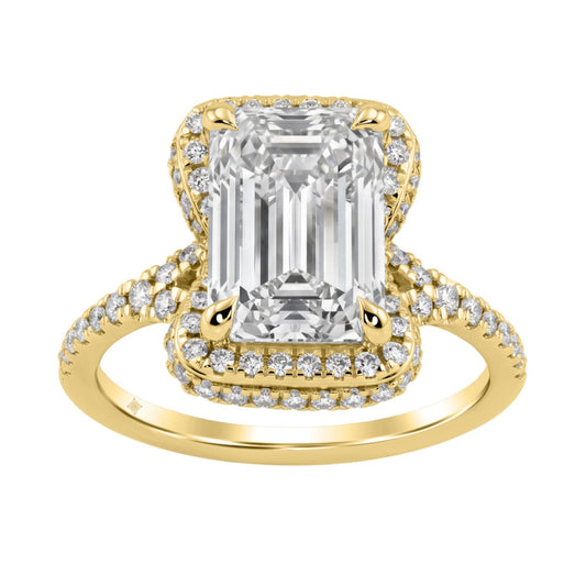 14K Yellow Gold 4 1/2Ct Ladies Emerald-Cut Hidden Halo Engagement Ring 4Ct Emerald Center Stone &amp; Round Diamond (Color F-G -Clarity Vs1/Vs2)