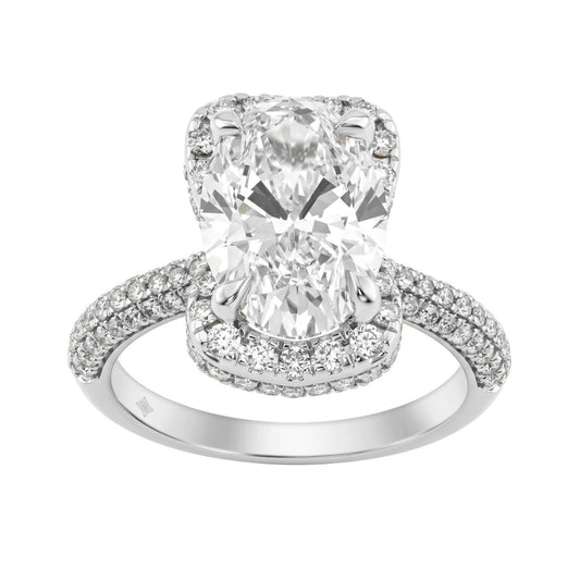 14K White Gold 4 1/2Ct Ladies Oval Cut  Hidden Halo Engagement Ring 4Ct Oval Center Stone &amp; Round Diamond (Color F-G -Clarity Vs1/Vs2)