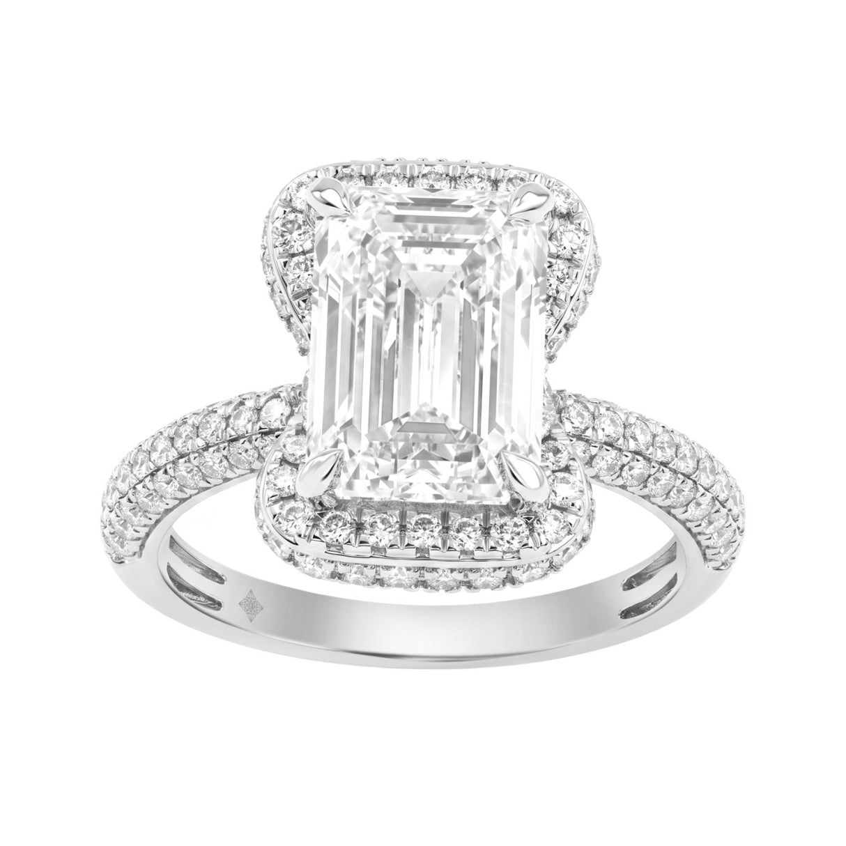 14K White Gold 4 1/2Ct Ladies Emerald Cut Hidden Halo Engagement Ring 4Ct Emerald Center Stone &amp; Round Diamond (Color F-G -Clarity Vs1/Vs2)