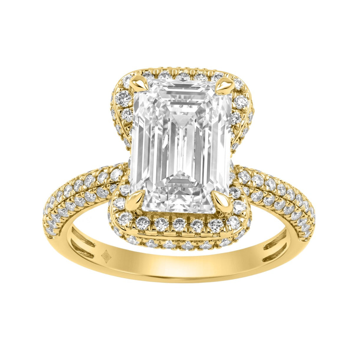 14K Yellow Gold 4 1/2Ct Ladies Emerald Cut  Hidden Halo Engagement Ring 4Ct Emerald Center Stone &amp; Round Diamond (Color F-G -Clarity Vs1/Vs2)