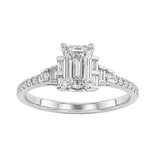 14K White Gold Lab Grown Emerald Cut Diamond Ladies Engagement Ring 1 1/4Ct With Round &amp; Baguette Side Stones 1Ct Emerald Center Stone (Color F-G -Clarity Vs1/Vs2)