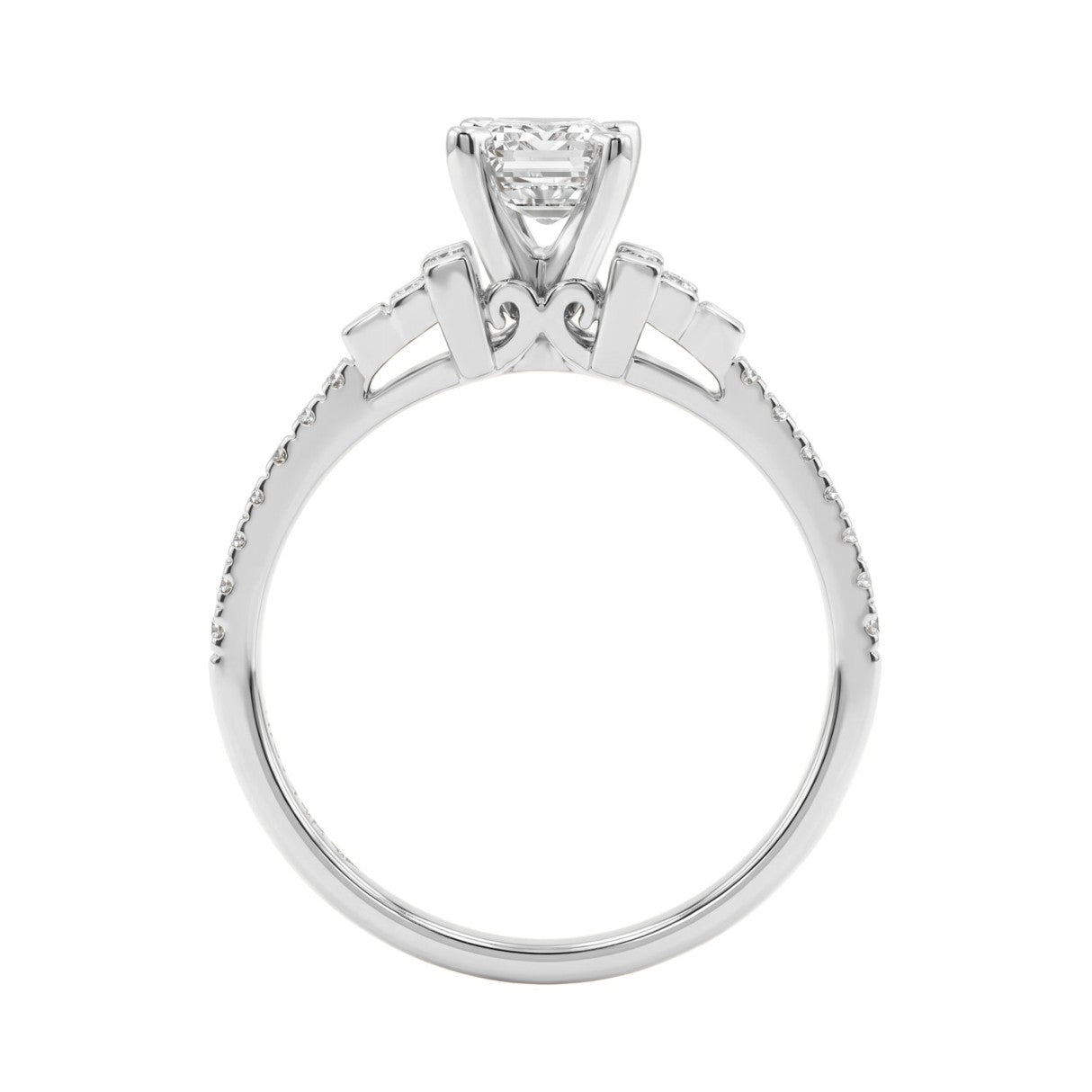 14K White Gold Lab Grown Emerald Cut Diamond Ladies Engagement Ring 1 1/4Ct With Round &amp; Baguette Side Stones 1Ct Emerald Center Stone (Color F-G -Clarity Vs1/Vs2)