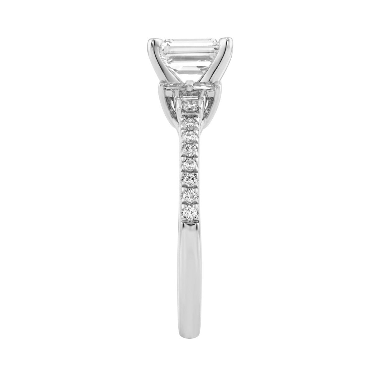 14K White Gold Lab Grown Emerald Cut Diamond Ladies Engagement Ring 1 1/4Ct With Round &amp; Baguette Side Stones 1Ct Emerald Center Stone (Color F-G -Clarity Vs1/Vs2)