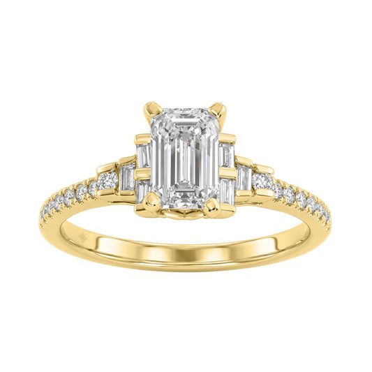 14K Yellow Gold Lab Grown Emerald Cut Diamond Ladies Engagement Ring 1 1/4Ct With Round &amp; Baguette Side Stones 1Ct Emerald Center Stone (Color F-G -Clarity Vs1/Vs2)