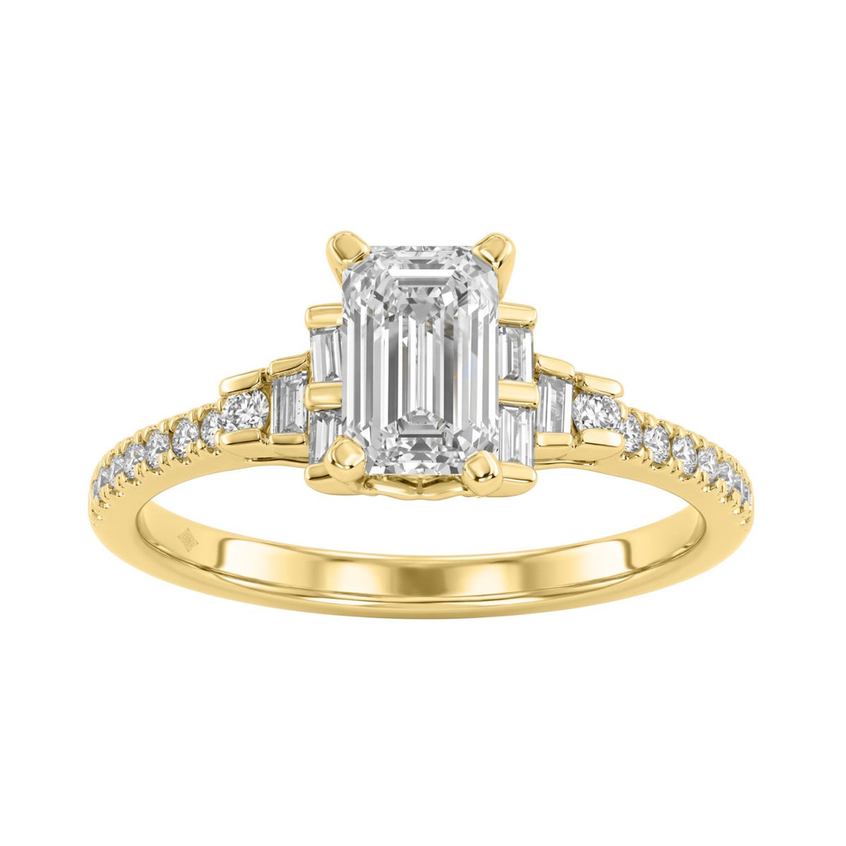 14K Yellow Gold Lab Grown Emerald Cut Diamond Ladies Engagement Ring 1 1/4Ct With Round &amp; Baguette Side Stones 1Ct Emerald Center Stone (Color F-G -Clarity Vs1/Vs2)