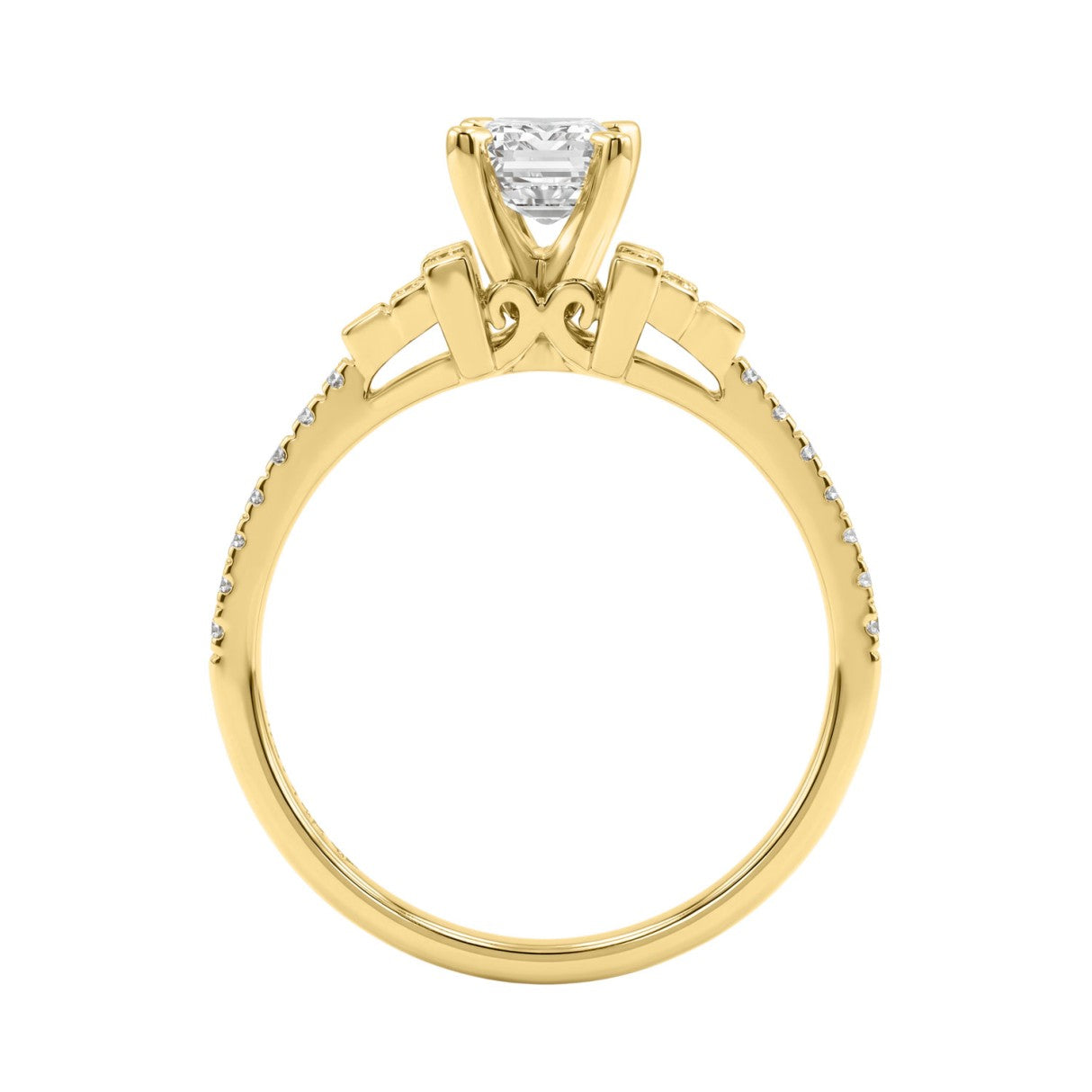 14K Yellow Gold Lab Grown Emerald Cut Diamond Ladies Engagement Ring 1 1/4Ct With Round &amp; Baguette Side Stones 1Ct Emerald Center Stone (Color F-G -Clarity Vs1/Vs2)