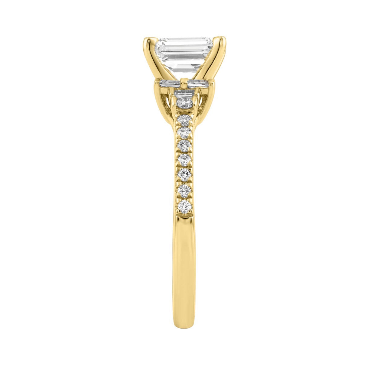 14K Yellow Gold Lab Grown Emerald Cut Diamond Ladies Engagement Ring 1 1/4Ct With Round &amp; Baguette Side Stones 1Ct Emerald Center Stone (Color F-G -Clarity Vs1/Vs2)