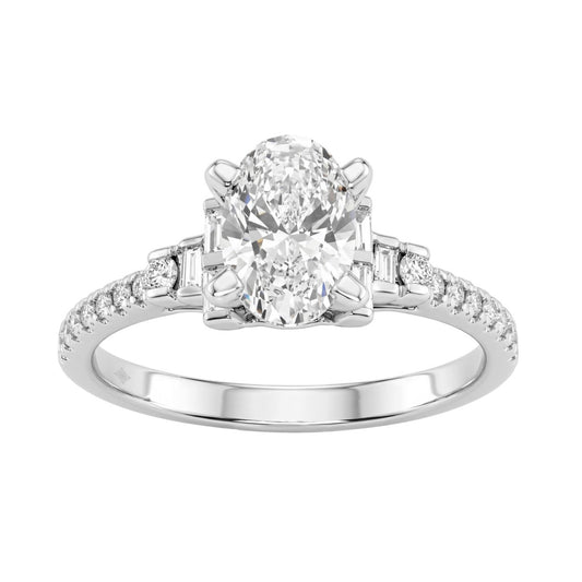 14K White Gold Lab Grown Emerald Cut Diamond Ladies Engagement Ring 1 1/4Ct With Round &amp; Baguette Side Stones 1Ct Oval Center Stone (Color F-G -Cl