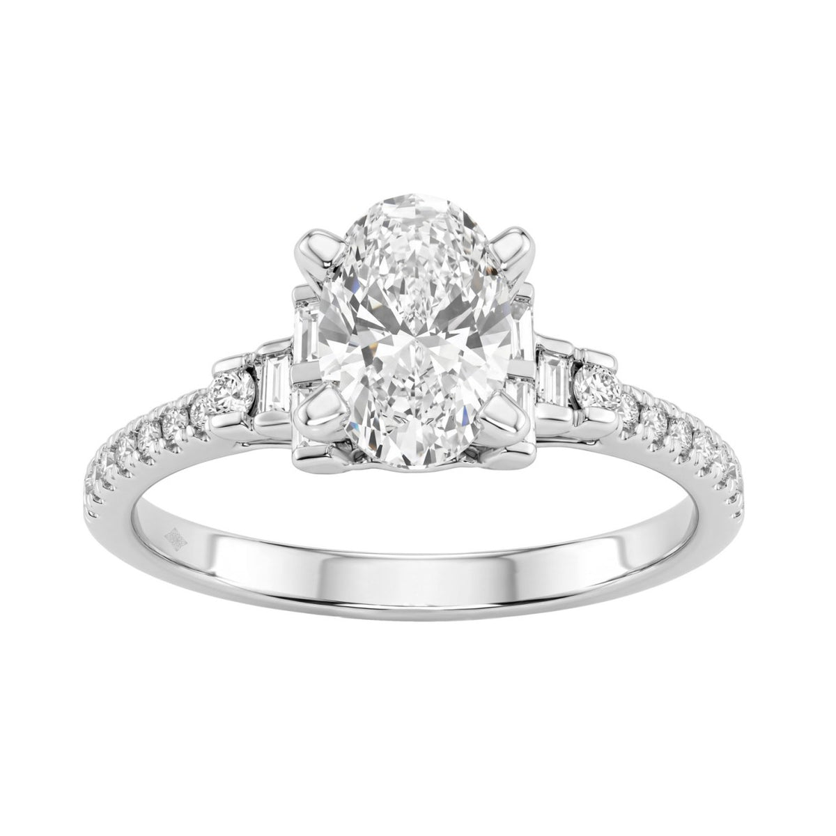 14K White Gold Lab Grown Emerald Cut Diamond Ladies Engagement Ring 1 1/4Ct With Round &amp; Baguette Side Stones 1Ct Oval Center Stone (Color F-G -Clarity Vs1/Vs2)