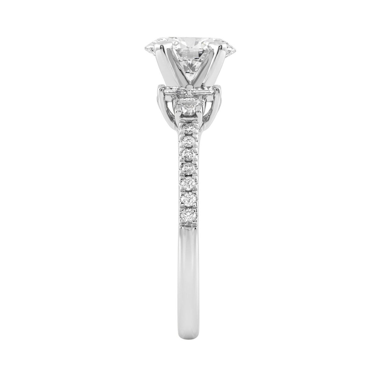 14K White Gold Lab Grown Emerald Cut Diamond Ladies Engagement Ring 1 1/4Ct With Round &amp; Baguette Side Stones 1Ct Oval Center Stone (Color F-G -Clarity Vs1/Vs2)