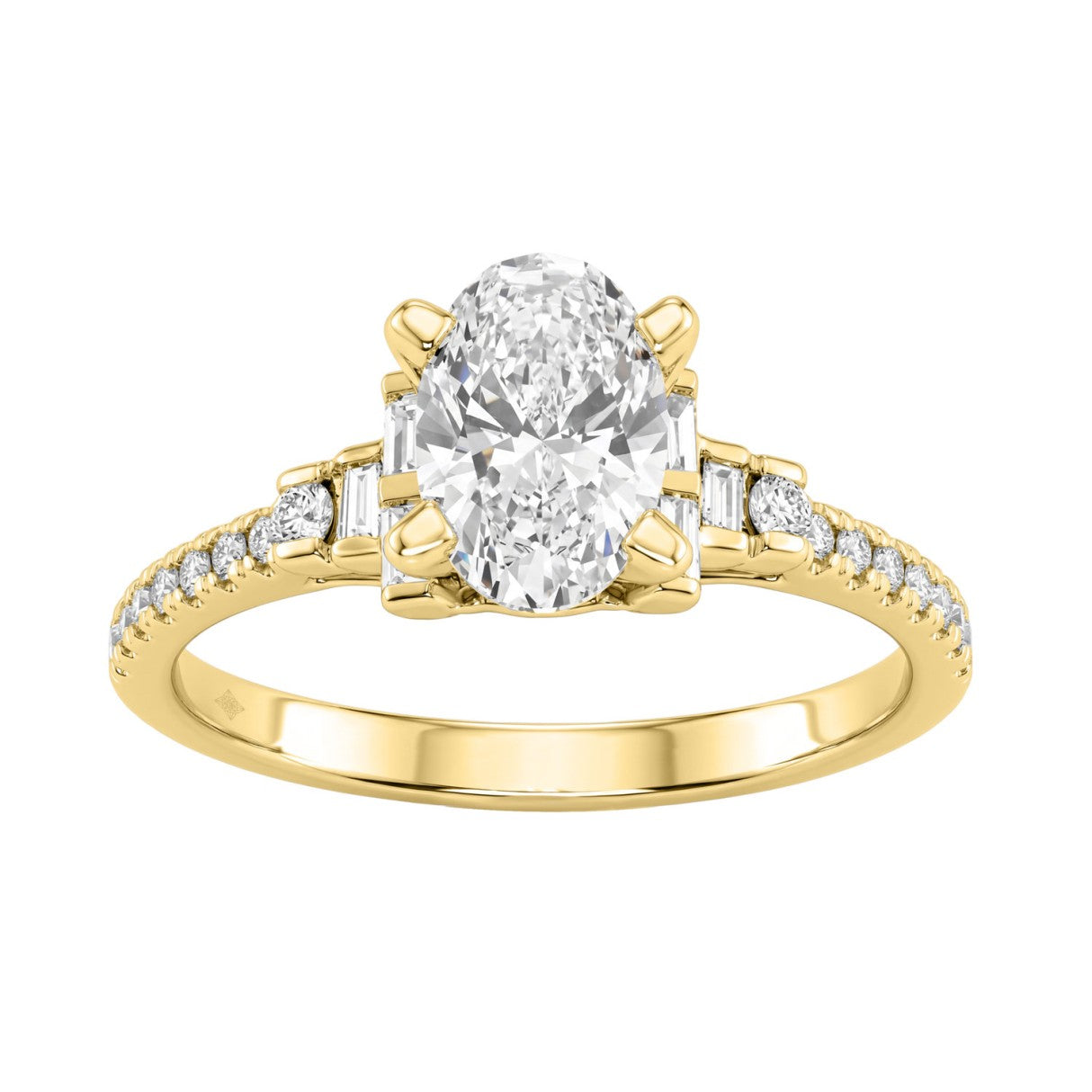 14K Yellow Gold Lab Grown Emerald Cut Diamond Ladies Engagement Ring 1 1/4Ct With Round &amp; Baguette Side Stones 1Ct Oval Center Stone (Color F-G -Clarity Vs1/Vs2)