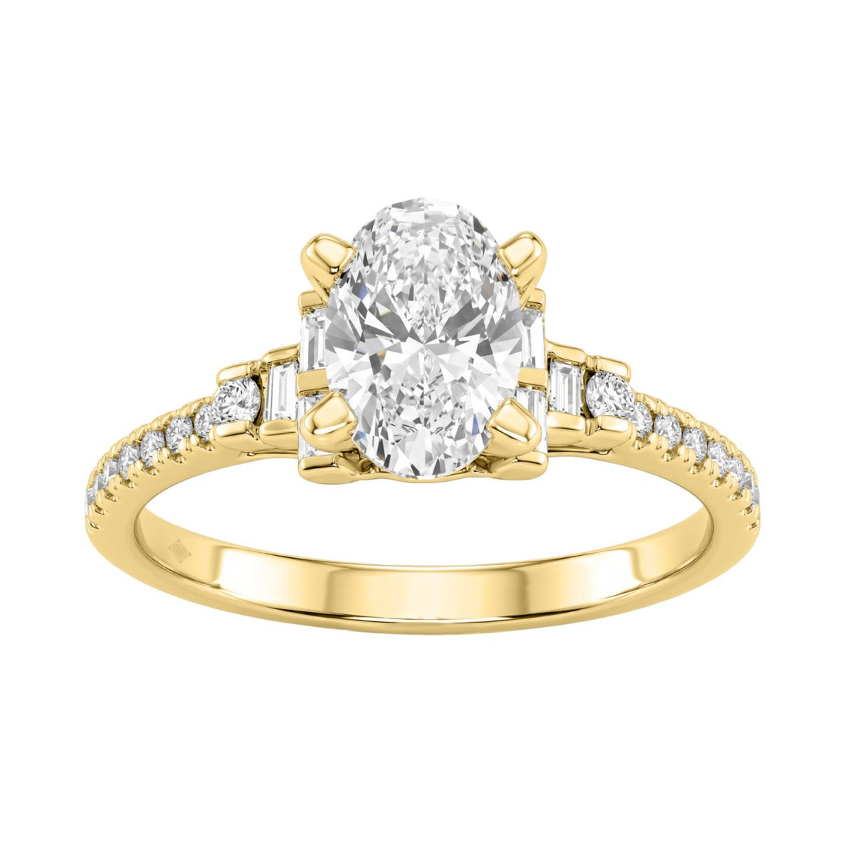 14K Yellow Gold Lab Grown Emerald Cut Diamond Ladies Engagement Ring 1 1/4Ct With Round &amp; Baguette Side Stones 1Ct Oval Center Stone (Color F-G -Clarity Vs1/Vs2)