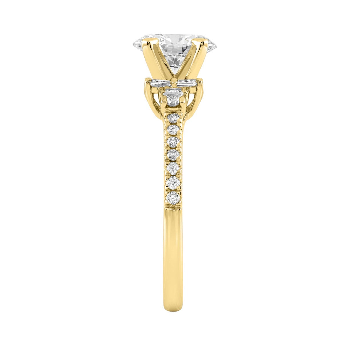 14K Yellow Gold Lab Grown Emerald Cut Diamond Ladies Engagement Ring 1 1/4Ct With Round &amp; Baguette Side Stones 1Ct Oval Center Stone (Color F-G -Clarity Vs1/Vs2)
