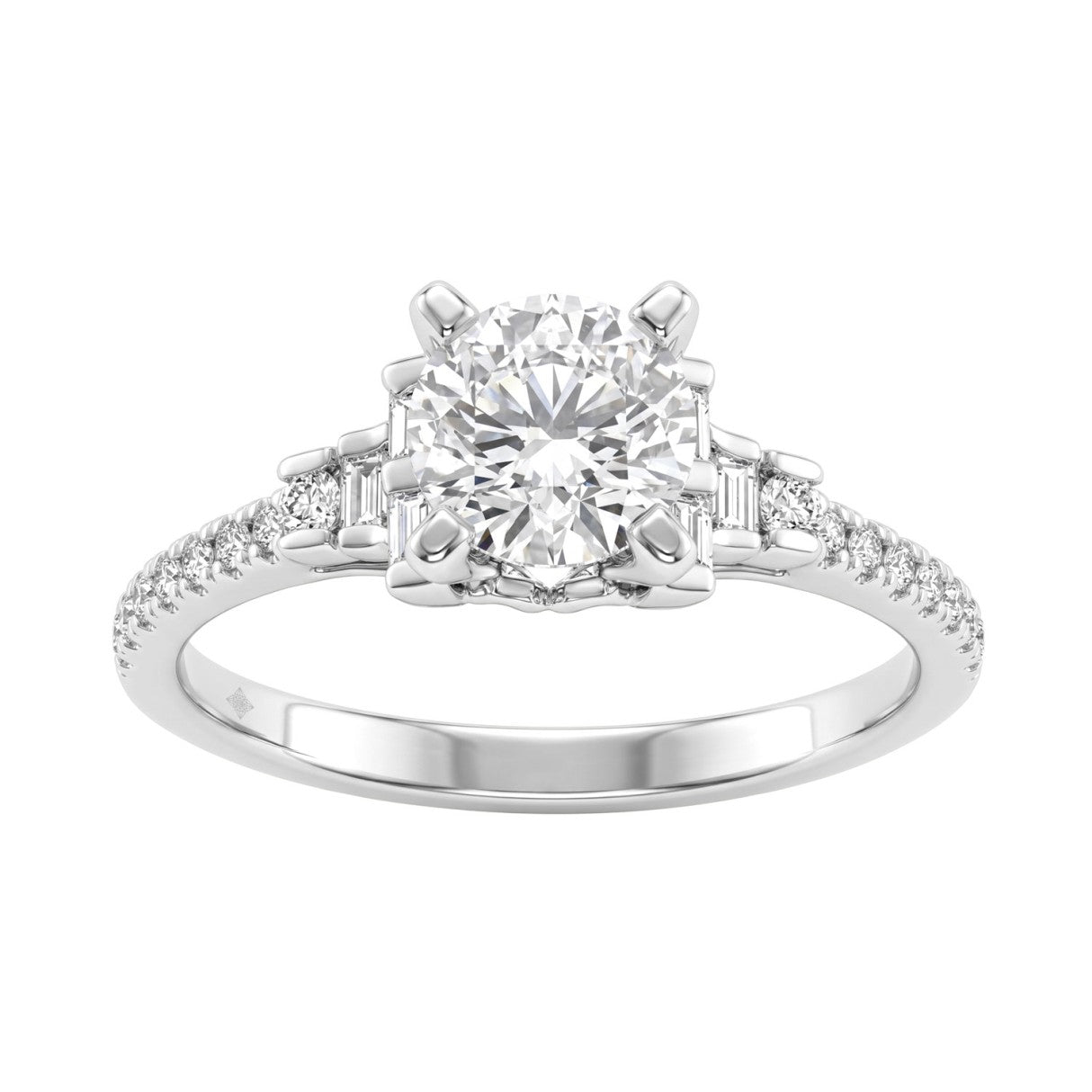 Round Diamond Engagement Ring 1 1/4Ct 14K White Gold Ring With Round &amp; Baguette Accent Diamonds For Women 1Ct Round Center Stone (Color F-G -Clarity Vs1/Vs2)