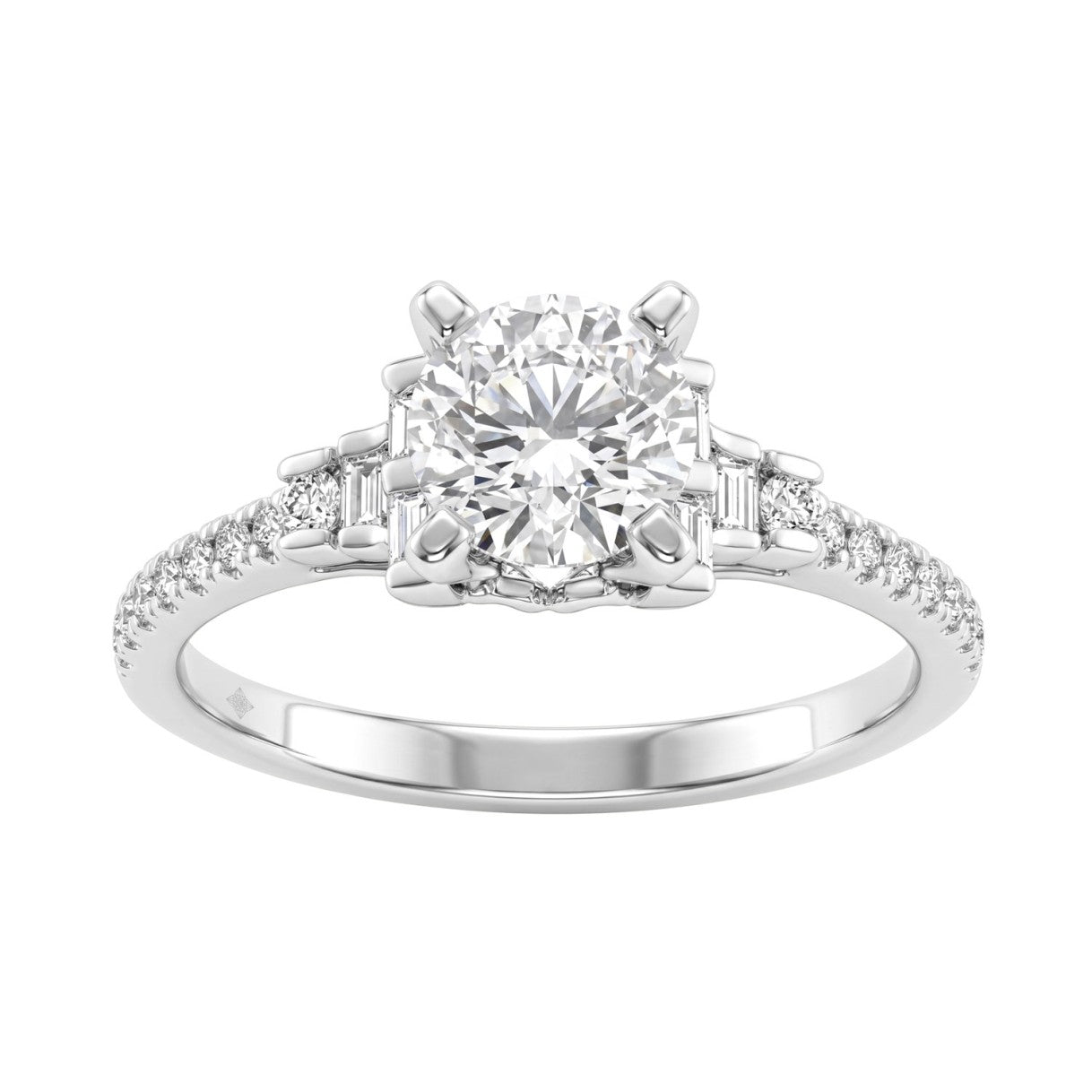 Round Diamond Engagement Ring 1 1/4Ct 14K White Gold Ring With Round &amp; Baguette Accent Diamonds For Women 1Ct Round Center Stone (Color F-G -Clarity Vs1/Vs2)