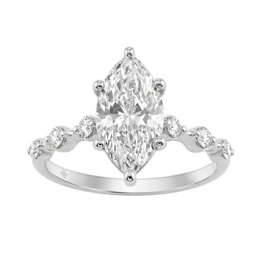 Women 14K White Gold 2 1/4Ct Lab Grown Diamond Ring Marquise Cut With Round Side Stone Engagement Ring 2.00Ct Marquise Center Stone (Color F-G -Clarity Vs1/Vs2)