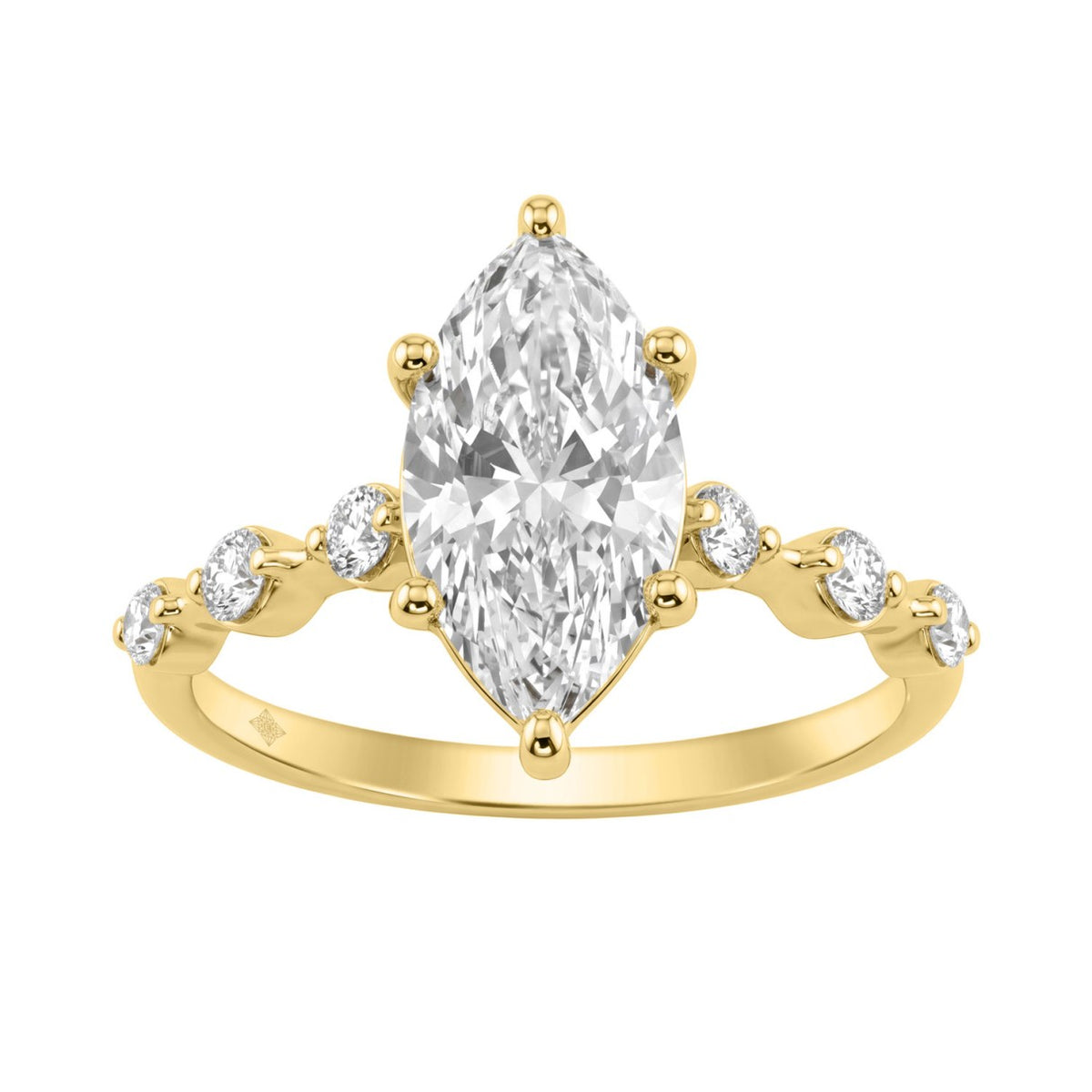 Women 14K Yellow Gold 2 1/4Ct Lab Grown Diamond Ring Marquise Cut With Round Side Stone Engagement Ring 2.00Ct Marquise Center Stone (Color F-G -Clari
