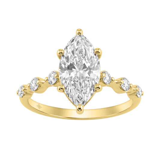 Women 14K Yellow Gold 2 1/4Ct Lab Grown Diamond Ring Marquise Cut With Round Side Stone Engagement Ring 2.00Ct Marquise Center Stone (Color F-G -Clari