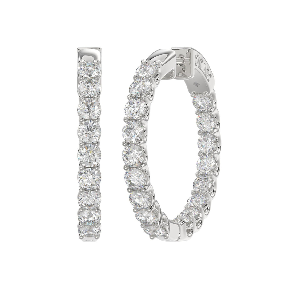 LADIES HOOP EARRINGS 3CT ROUND DIAMOND 14K WHITE GOLD