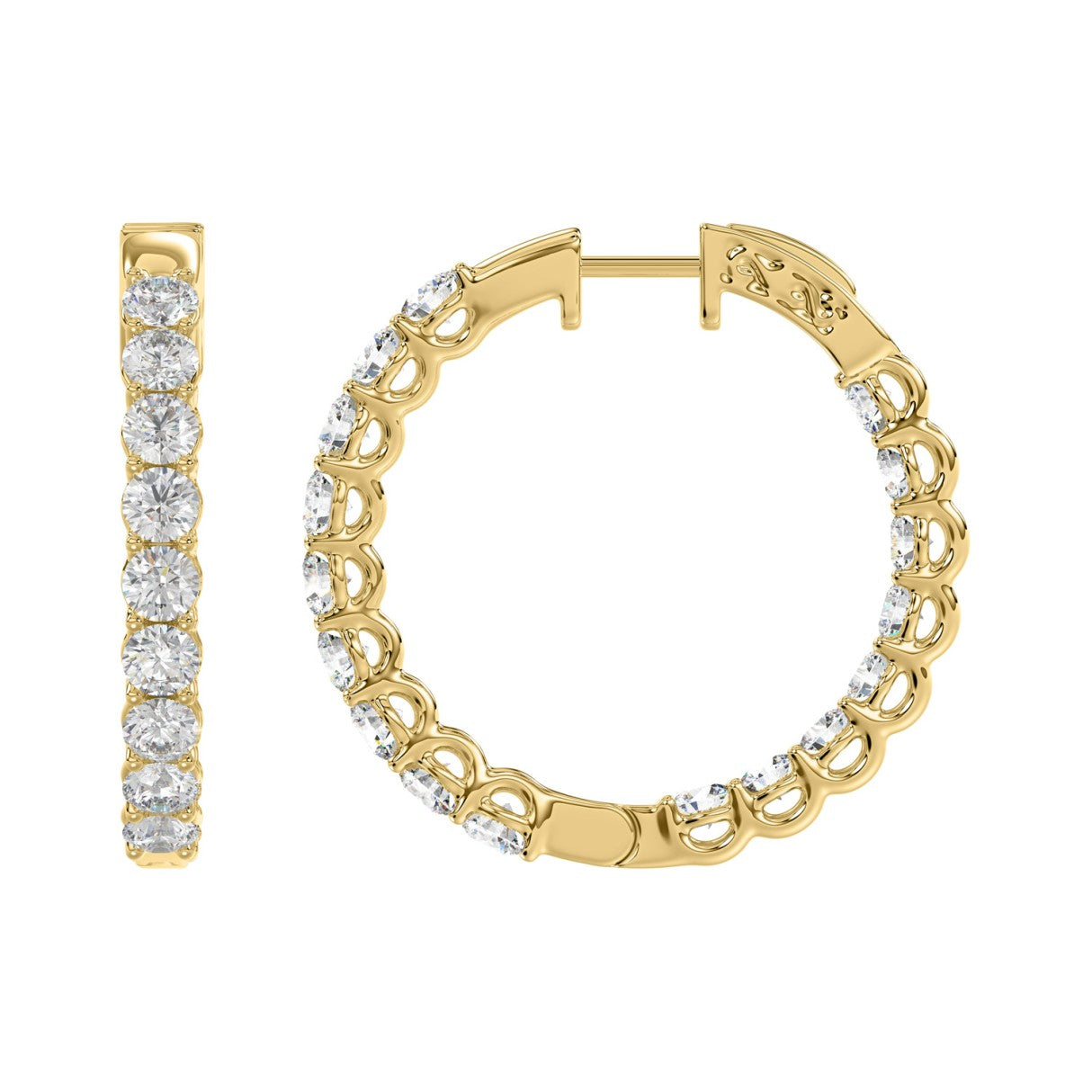 LADIES HOOP EARRINGS 3CT ROUND DIAMOND 14K YELLOW GOLD