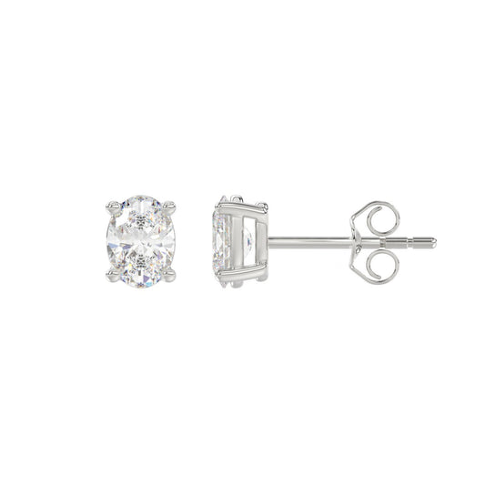 LADIES SOLITAIRE EARRINGS 1CT OVAL DIAMOND 14K WHITE GOLD